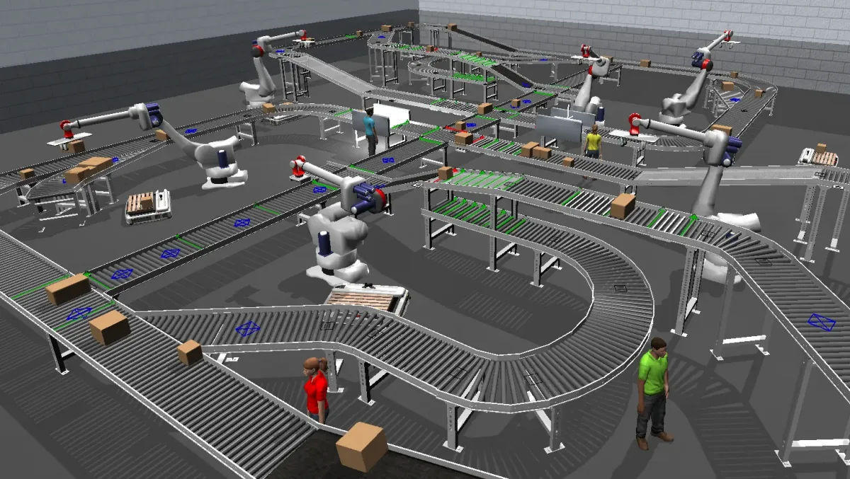 3D-Simulationsmodell einer Produktions- und Materialflussanlage mit FlexSim
